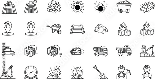 Mining icons, excavation tools, industrial equipment, ore transport, tunnel infrastructure, coal burning, safety gear, black and white vector set