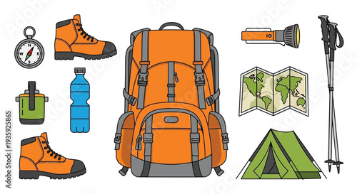 Vibrant hiking gear set with backpack, boots, tent, and accessories for adventure