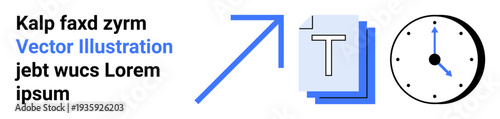 Time tracking, productivity, communication, organization, workflow, typography. Arrow pointing up, text documents and a clock. Productivity and time tracking concept