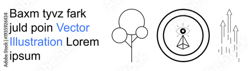 Graphic design, innovation, abstract concepts, growth, artistic creativity, vision. Minimalistic geometric shapes with an eye, tree-thumbs up form and arrows. Innovation and abstract conceptual