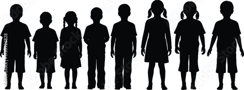 children silhouette set, boys and girls standing poses collection, kids body shapes vector illustration bundle