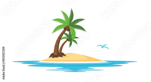 Tropical island scene with palm trees sand and ocean waves