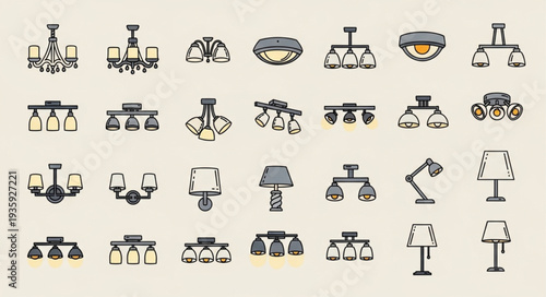 Collection of various ceiling and table light fixtures.