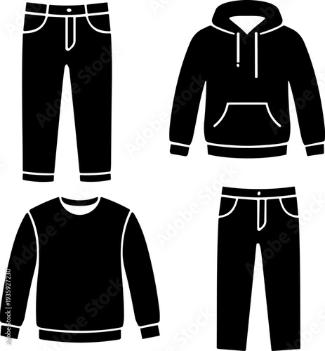 Casual clothing silhouette vector illustration collection, four black icons showing pants, hooded sweatshirt, and long-sleeved shirt designs