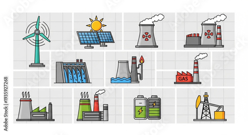Collection of renewable and non-renewable energy sources icons.