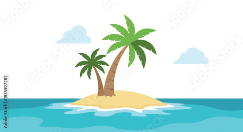 A small tropical island features two palm trees and a blue ocean