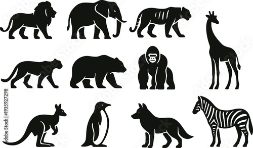 Wild animal silhouette collection featuring lion, elephant, tiger, giraffe, bear, gorilla, kangaroo, penguin, wolf, zebra, panther for wildlife, nature, safari, jungle design