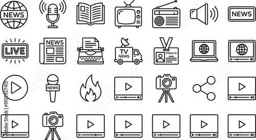 News and media icon set, journalism tools, broadcasting symbols, digital communication, press visuals, video player graphics, reporting, information