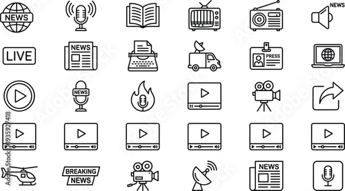 News and broadcasting icon set, journalism tools, media communication symbols, press visuals, digital reporting graphics, video content, live coverage