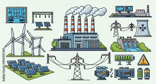 Collection of renewable and traditional energy sources illustration.