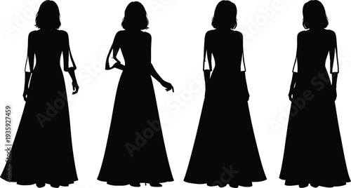 elegant woman long dress silhouette set, female evening gown poses collection, fashion model vector illustration design
