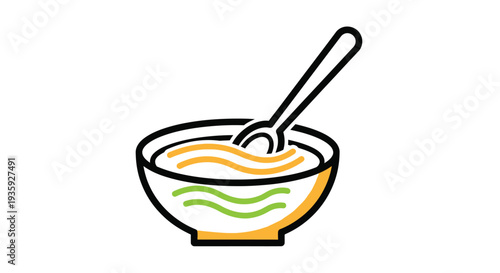A colorful illustration of a bowl filled with soup and a spoon