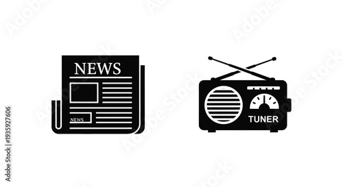 Black and white icons depicting a newspaper and a vintage radio