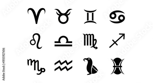 Collection of twelve zodiac astrological symbols arranged in a grid.