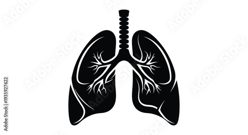 Anatomical illustration of human lungs depicted in a stark black silhouette