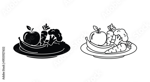 Stylized illustration of fruit and vegetables arranged on a plate in two variations