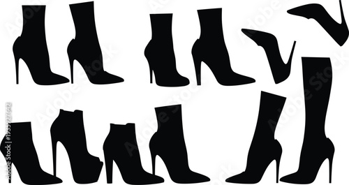 High heel silhouette illustration, fashion footwear artwork, stylish shoe design, black boot motif, elegant stiletto sketch, trendy shoe pattern