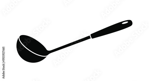 A simple black and white illustration of a kitchen ladle on white