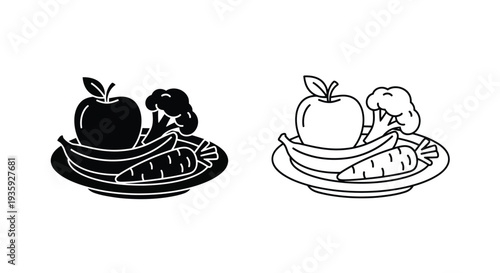 Two black and white depictions of a fruit and vegetable platter