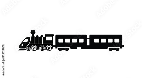 A minimalist black silhouette of a vintage steam train on white
