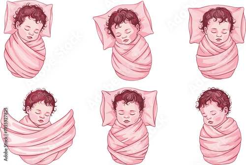 Sleeping baby illustration, newborn swaddling artwork, infant care design, pink blanket motif, childcare sketch, cozy baby pattern, peaceful newborn drawing