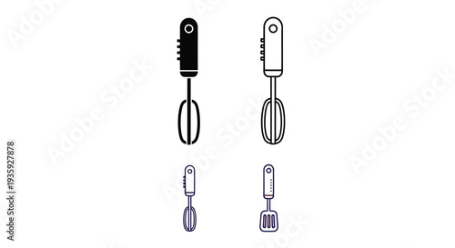 Four black silhouette illustrations of kitchen whisks and beaters
