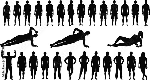 fitness exercise silhouette set, male workout poses collection, body training positions, push up plank strength workout vector illustration