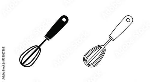 Two black and white illustrations of kitchen whisks with differing handles