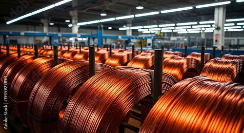Rows of shiny copper wire spools in a manufacturing facility, highlighting industrial production and material readiness.