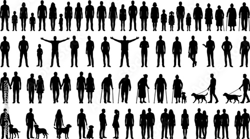Human figures silhouette vector illustration collection, black icons showing diverse poses, families, pets, and social interaction groupings