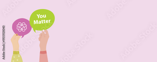 Flat vector illustration of diverse hands holding speech bubble with You Matter message. Encouragement and self worth concept suitable for mental health campaigns, motivational posters and positive