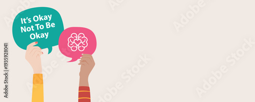 Flat vector illustration of hands holding speech bubble with It’s Okay Not To Be Okay message. Mental health awareness concept encouraging emotional support, self care and open conversation 