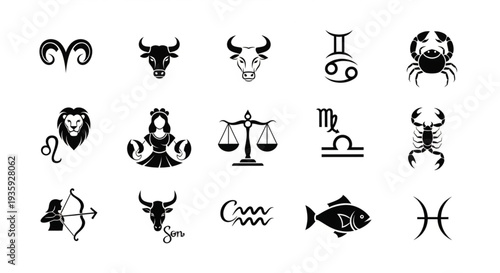 Collection of twelve zodiac signs and symbols in black and white.