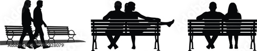 Romantic couple silhouettes walking and sitting on park bench love relationship dating lifestyle outdoor people black vector illustration