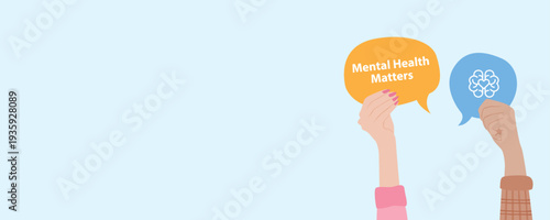 Colorful flat vector illustration of hands holding speech bubbles with Mental Health Matters message. Mental wellness awareness concept for healthcare campaigns, therapy promotion and community 