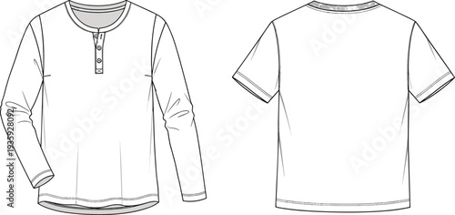 henley t shirt technical drawing set, long sleeve and short sleeve view, casual apparel fashion flat sketch