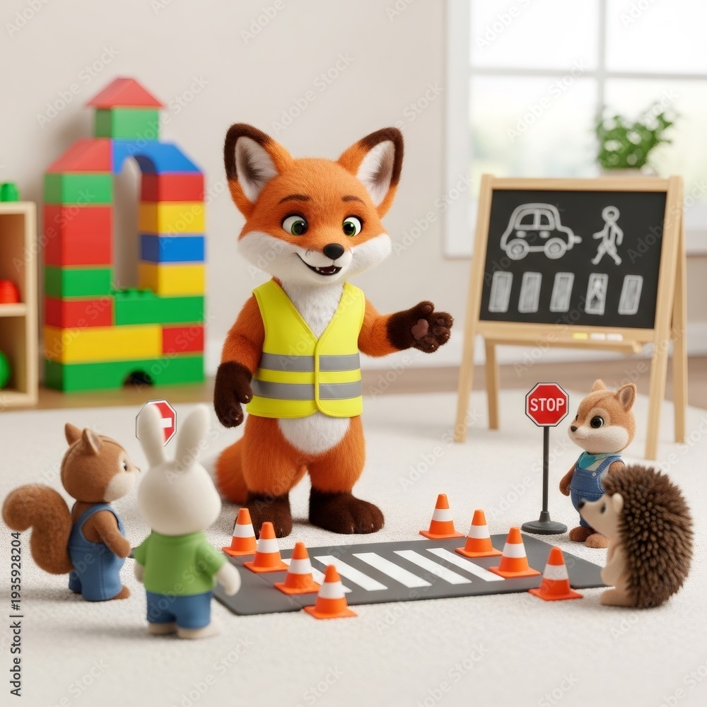 Fototapeta premium Fox in a safety vest teaches road safety to small animals on a miniature crosswalk in a playroom. Child education concept.