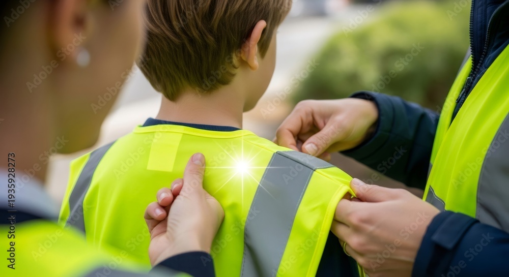 Naklejka premium Woman helping a child put on a reflective vest for road safety. Parents teaching rules and lessons to kid, making sure they are visible.