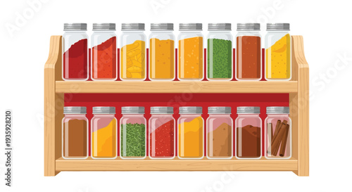 Vibrant spice jars on wooden rack with assorted colorful powders