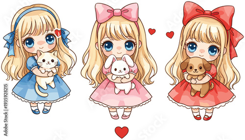 Cartoon girls illustration, blonde character artwork, cute pet design vector, cat bunny puppy graphic, children’s art icon collection