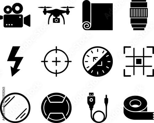 Photography and videography icon set vector illustration featuring 12 designs with cameras, drones, lenses, filters, and production tools