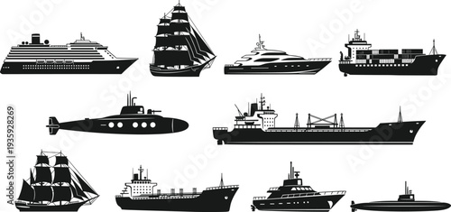 Ship silhouette collection including cruise ship cargo vessel yacht submarine sailboat and tanker maritime transportation vector illustration set