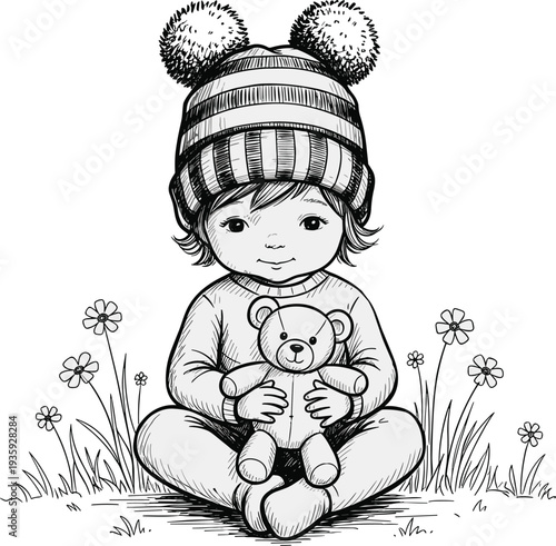 Child cartoon illustration, teddy bear artwork, cozy outfit vector, sitting pose design, outdoor flower graphic, childhood innocence silhouette collection