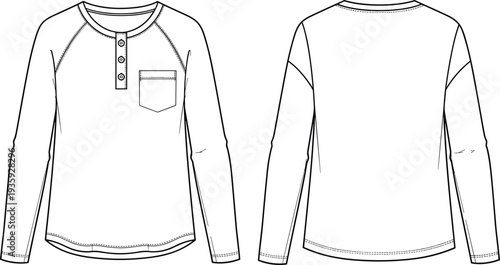 long sleeve henley t shirt technical drawing, front and back view, casual apparel fashion flat sketch vector template