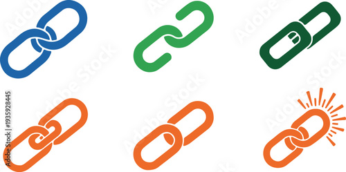 Set of Chain Link Icons with Connection and Hyperlink Symbols