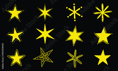Hand-Drawn Yellow Stars Collection with Cute Doodle Sparkle Elements