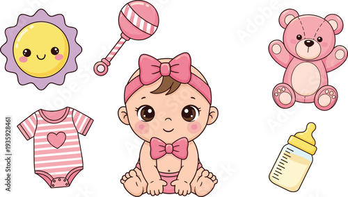 Baby girl cartoon illustration, infant vector art, pink nursery design, toddler toy graphic, newborn clothing icon, childcare artwork collection