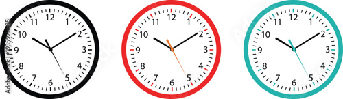 Colorful Analog Clocks Icon Set with Time and Alarm Symbols