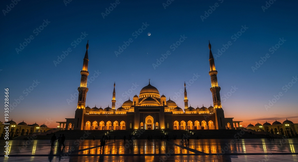 Fototapeta premium A large mosque lit up at night with a clear sky