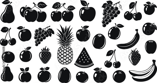 Fruit silhouette illustration, pear cherry apple vector, banana pineapple design, grape strawberry artwork, watermelon plum graphic, botanical food collection